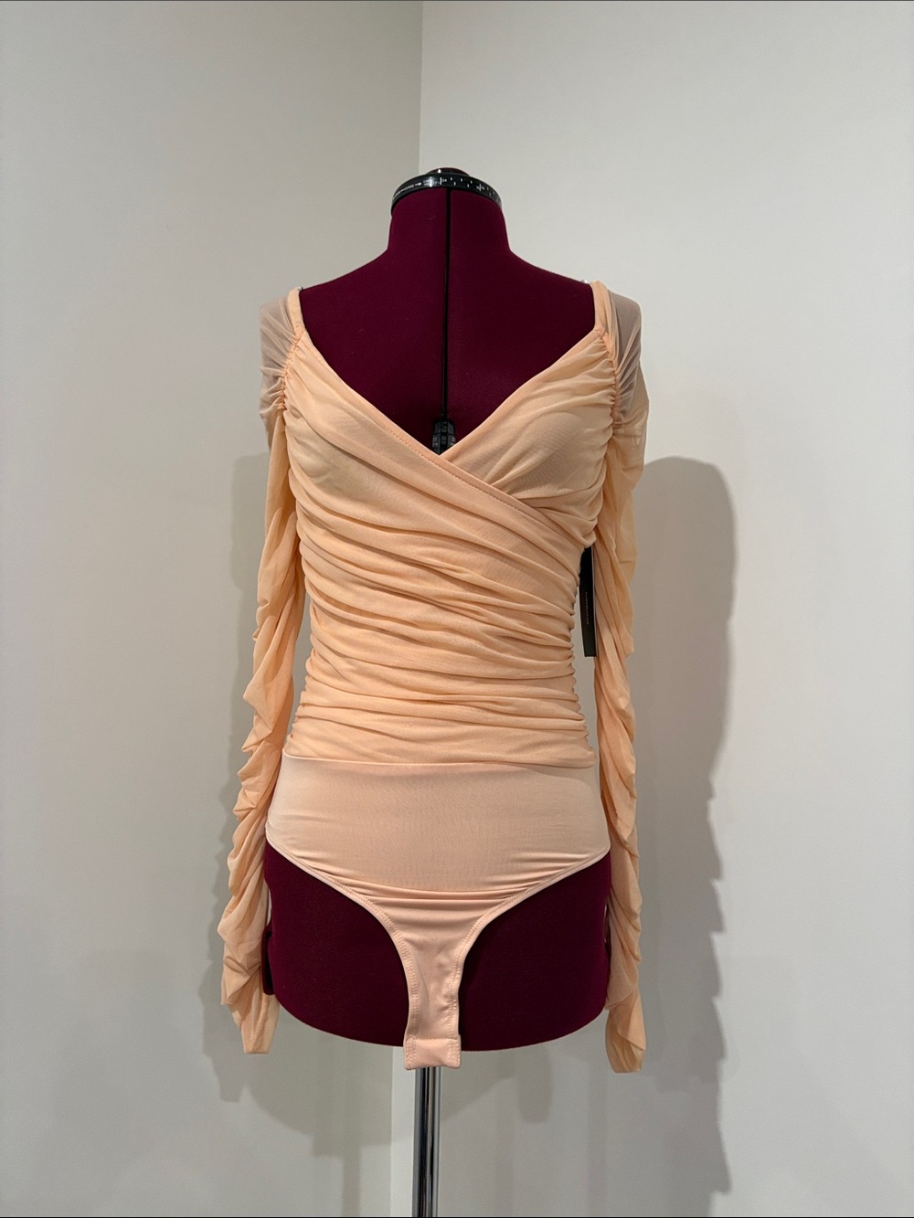 Lulus Peach Ruched Wrap-Front Long Sleeve Bodysuit